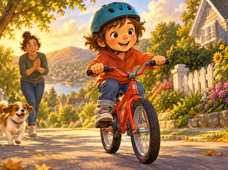 Ilustrație pentru povestea „Bicicleta fără roți ajutătoare”