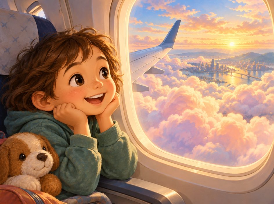 Ilustrație pentru povestea „Prima călătorie cu avionul”