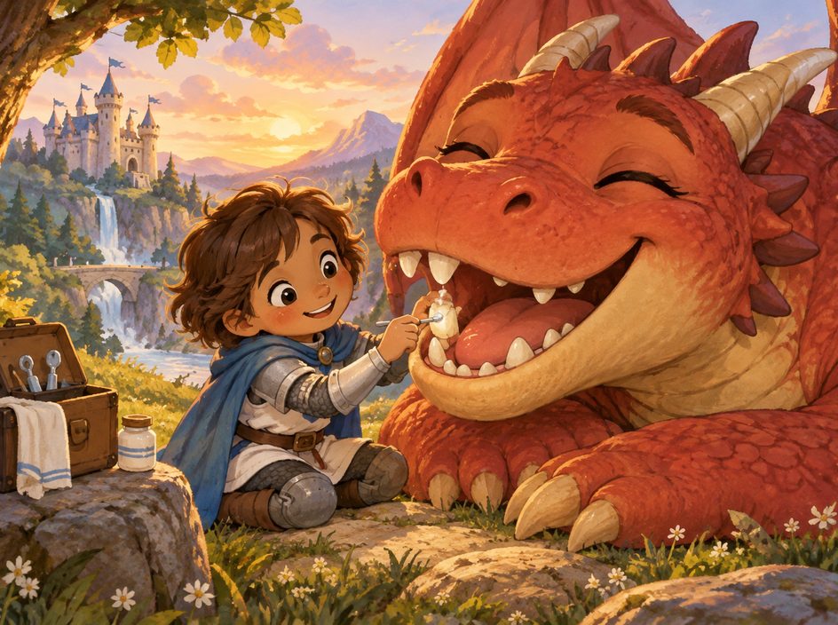 Ilustrație pentru povestea „Cavalerul și dragonul prietenos”