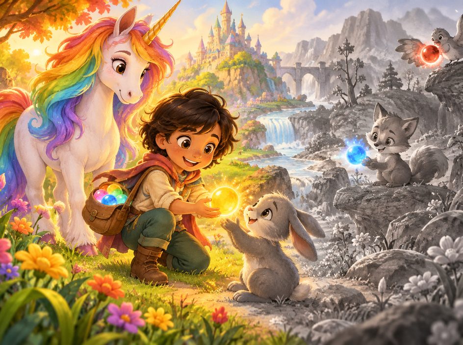 Ilustrație pentru povestea „Unicornul curcubeu”
